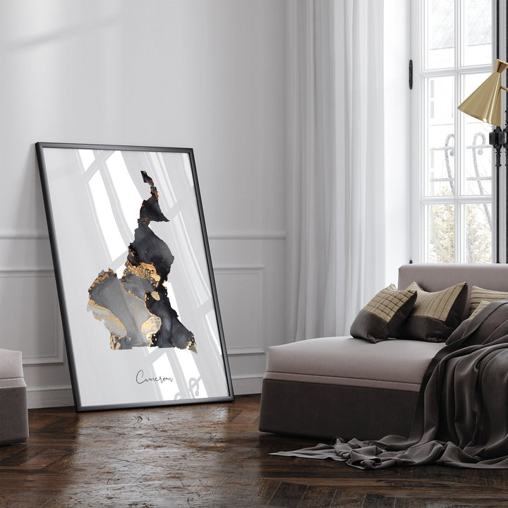 Cameroon Map Black & Gold Wall Art Print [EV]