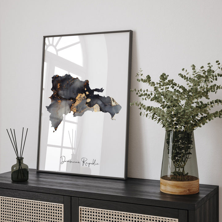 Dominican Republic Map Black & Gold Wall Art Print [EV]