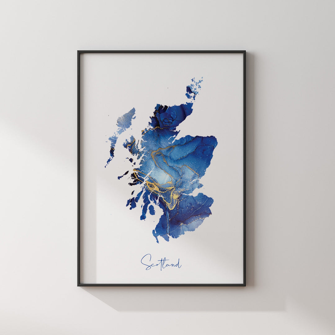 Scotland Map Blue and Gold Wall Art Print
