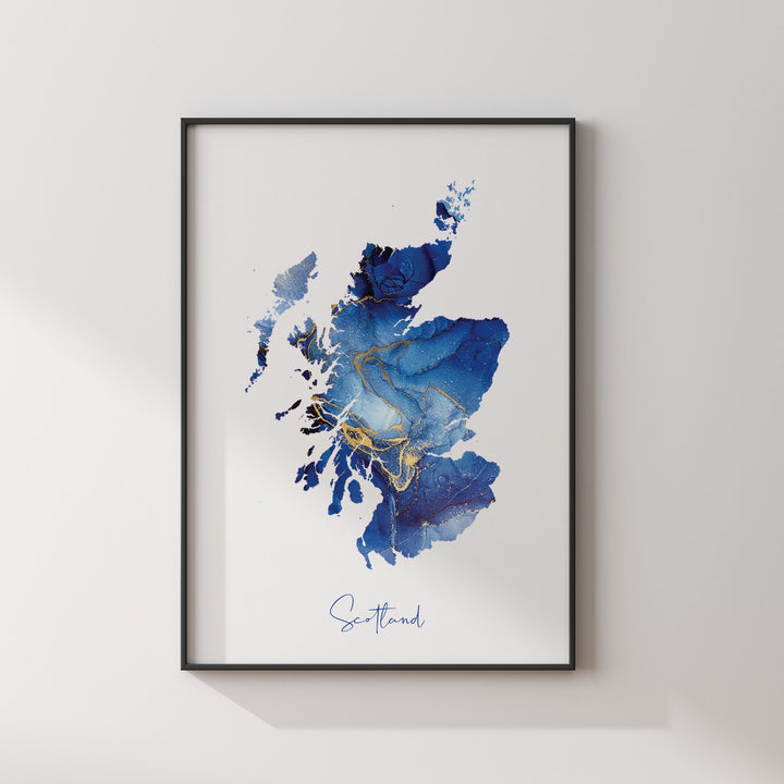 Scotland Map Blue and Gold Wall Art Print