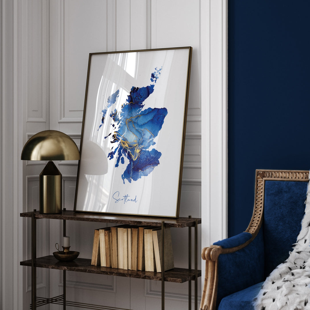 Scotland Map Blue and Gold Wall Art Print