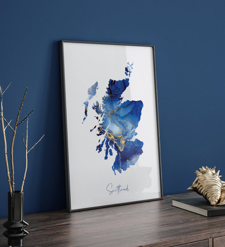 Scotland Map Blue and Gold Wall Art Print