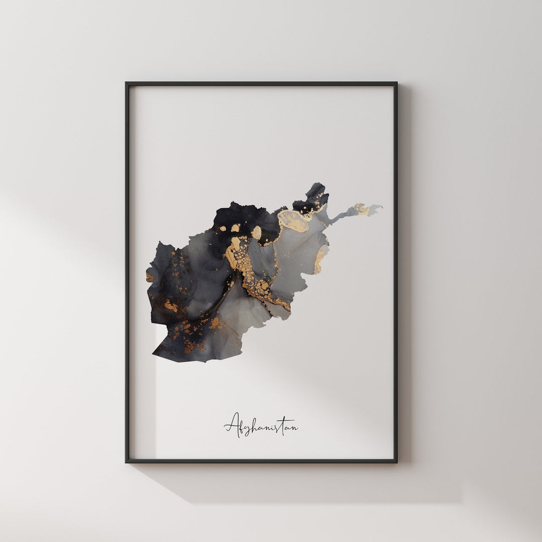 Afghanistan Map Black & Gold Wall Art Print [EV]