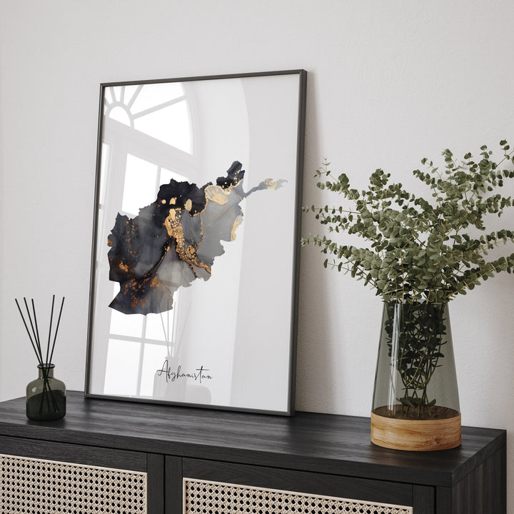 Afghanistan Map Black & Gold Wall Art Print [EV]