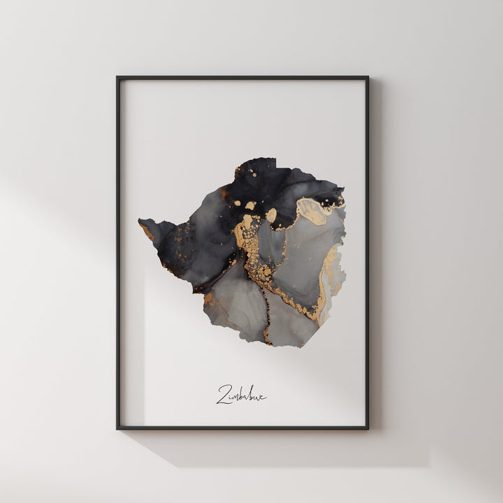 Zimbabwe Map Black & Gold Wall Art Print [EV]