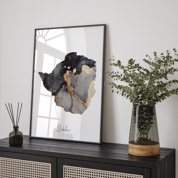 Zimbabwe Map Black & Gold Wall Art Print [EV]