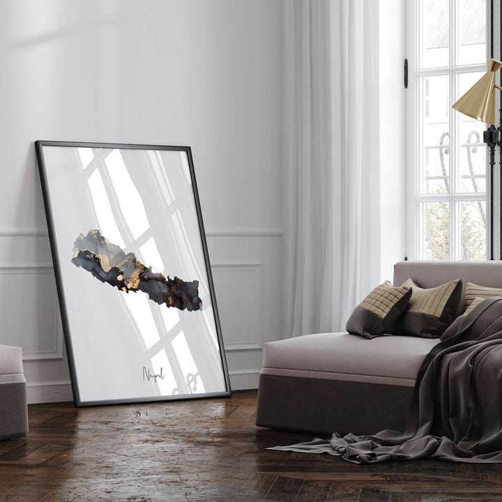 Nepal Map Black & Gold Wall Art Print [EV]
