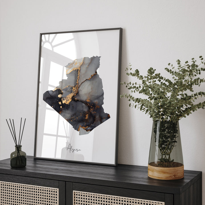 Algeria Map Black & Gold Wall Art Print [EV]