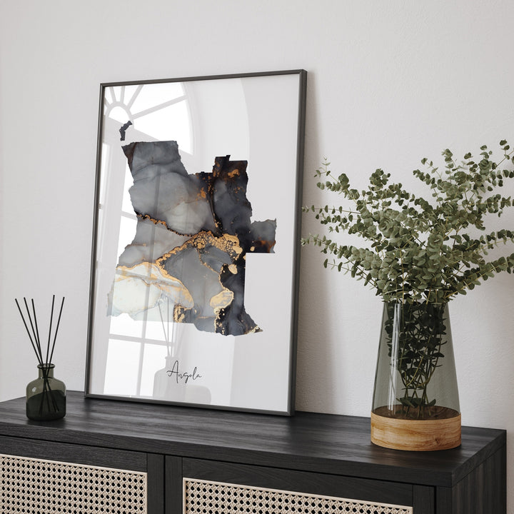 Angola Map Black & Gold Wall Art Print [EV]