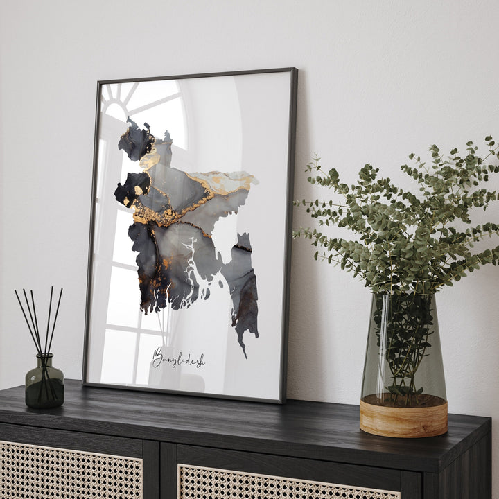 Bangladesh Map Black & Gold Wall Art Print [EV]