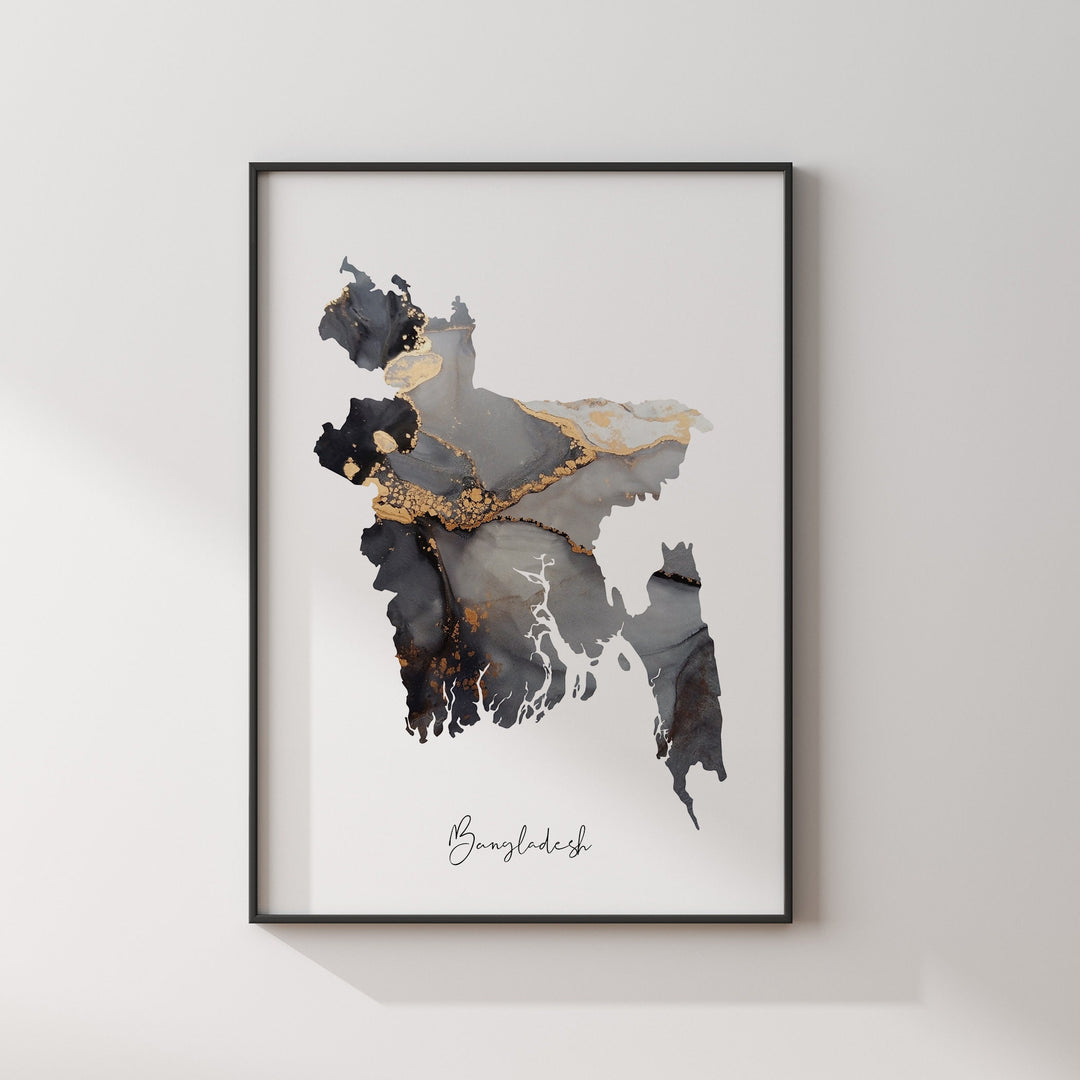 Bangladesh Map Black & Gold Wall Art Print [EV]