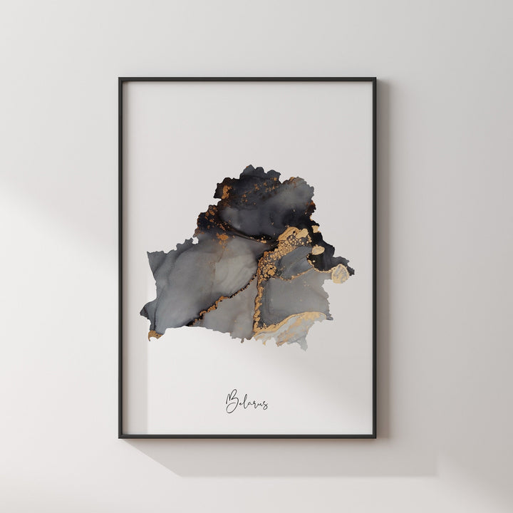 Belarus Map Black & Gold Wall Art Print [EV]
