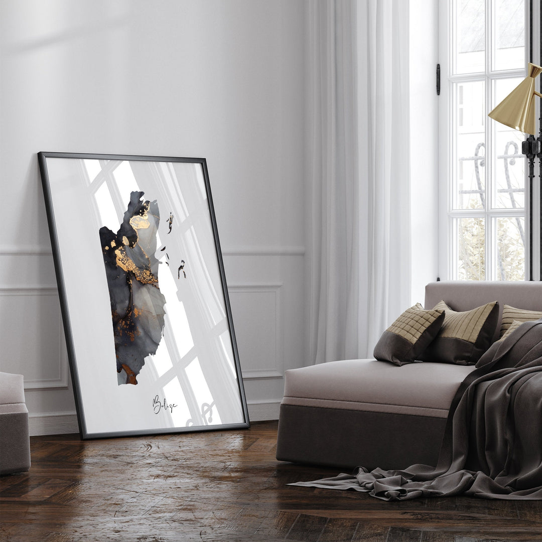 Belize Map Black & Gold Wall Art Print [EV]