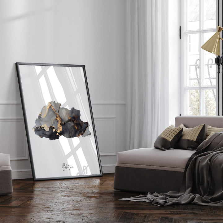 Bhutan Map Black & Gold Wall Art Print [EV]
