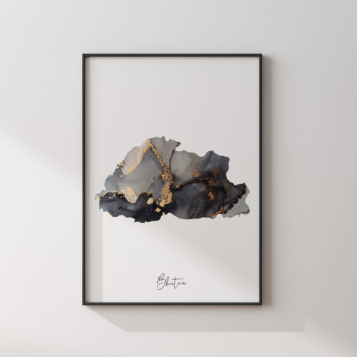 Bhutan Map Black & Gold Wall Art Print [EV]