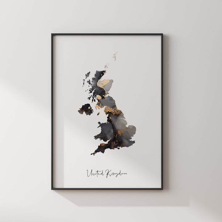United Kingdom Map Black & Gold Wall Art Print [EV]