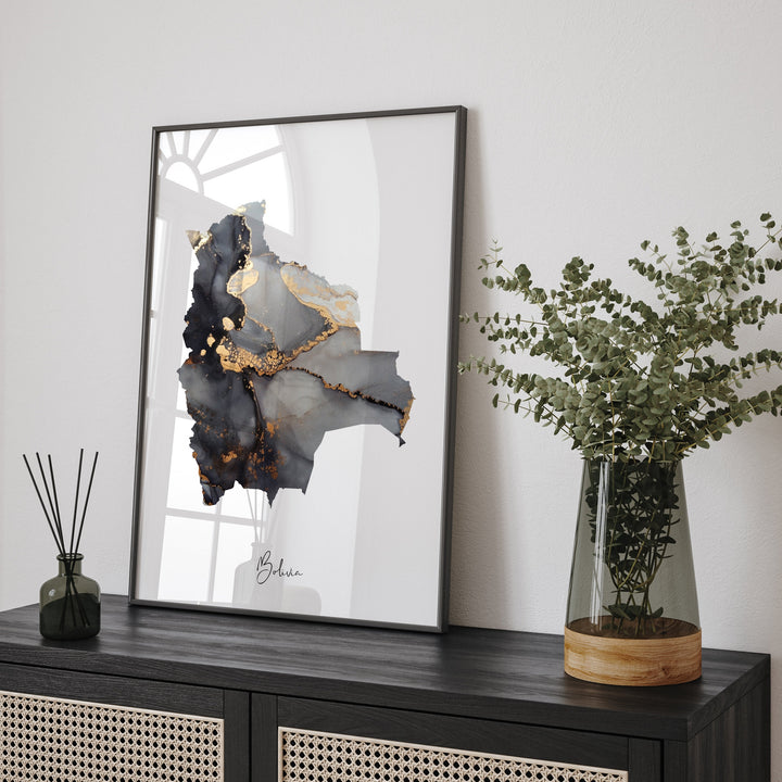 Bolivia Map Black & Gold Wall Art Print [EV]