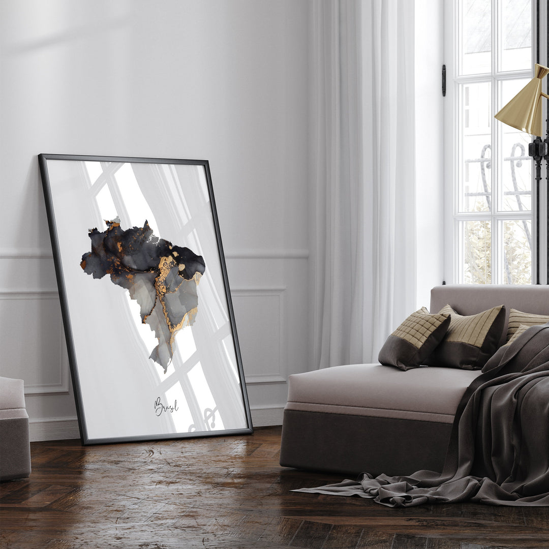 Brazil Map Black & Gold Wall Art Print [EV]