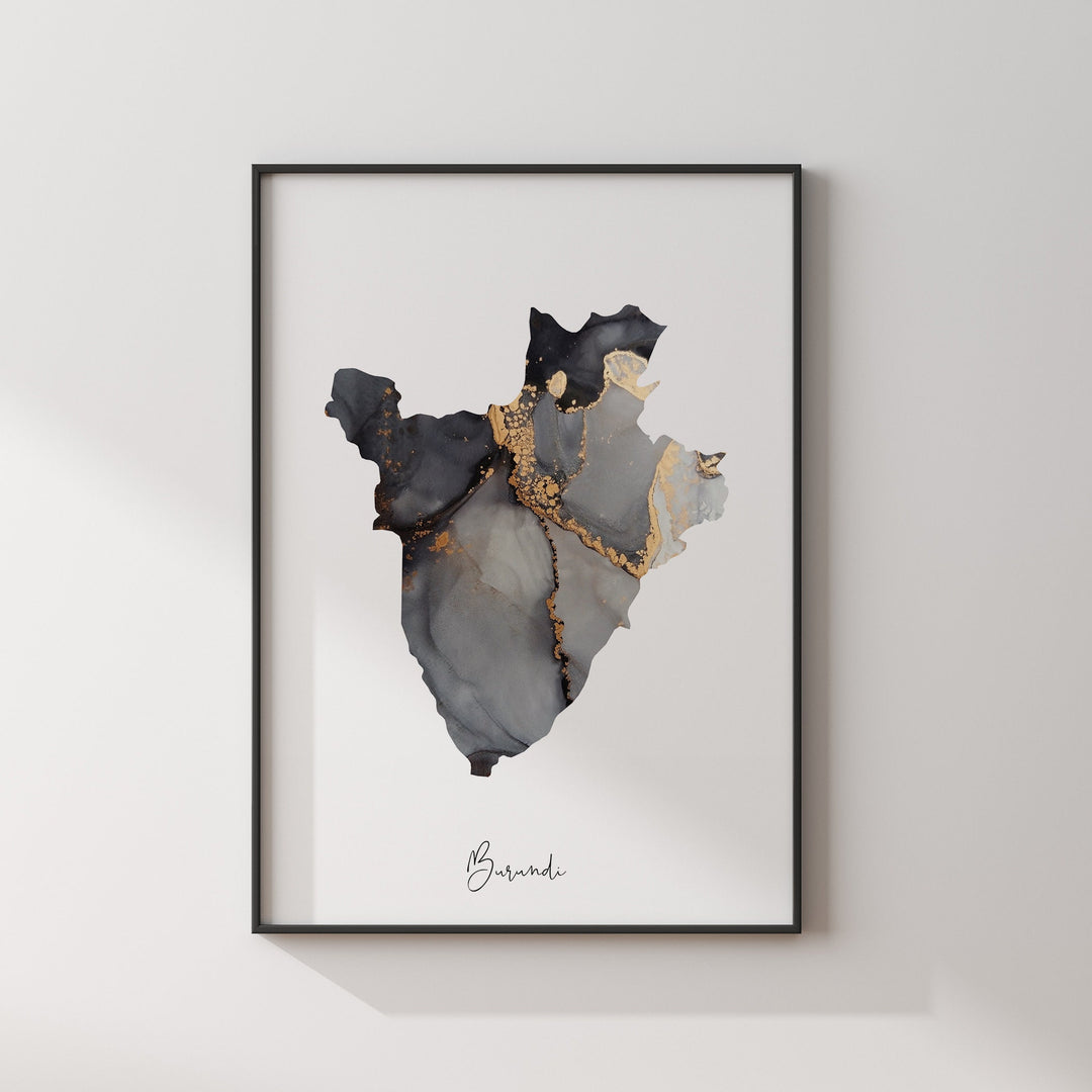 Burundi Map Black & Gold Wall Art Print [EV]