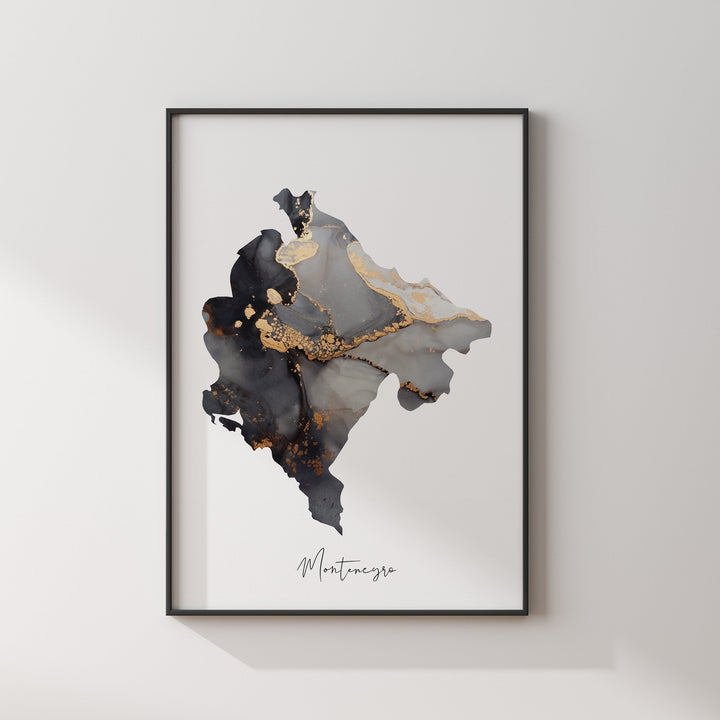 Montenegro Map Black & Gold Wall Art Print [EV]