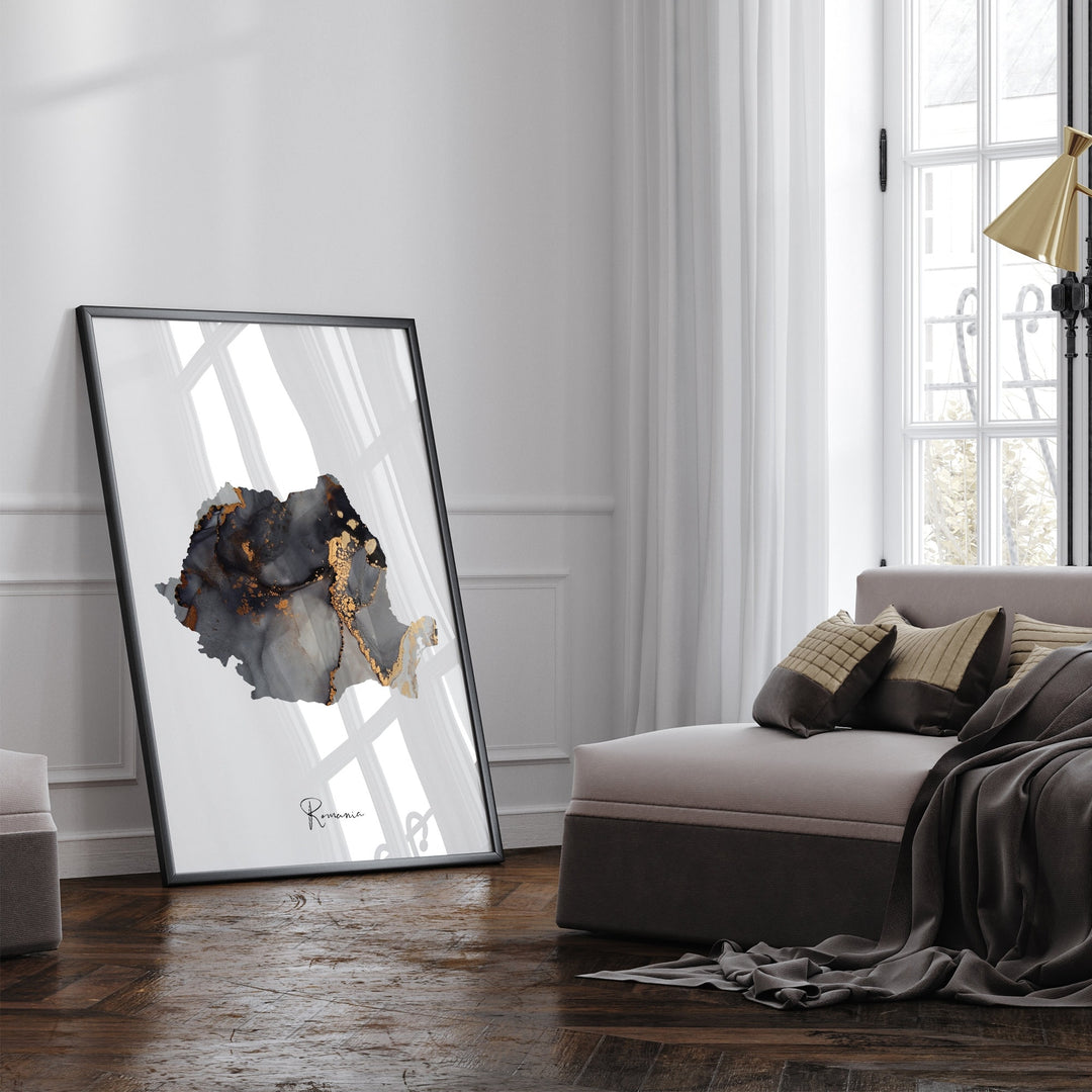 Romania Map Black & Gold Wall Art Print [EV]