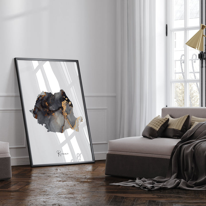 Romania Map Black & Gold Wall Art Print [EV]