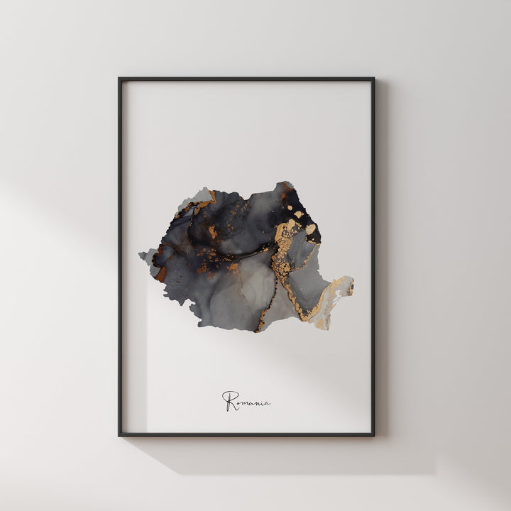 Romania Map Black & Gold Wall Art Print [EV]