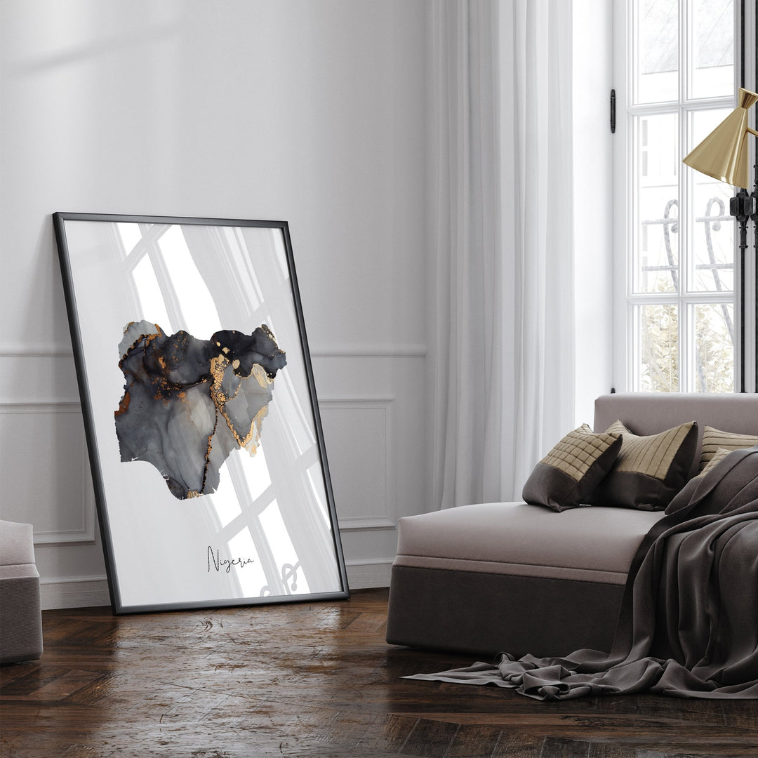 Nigeria Map Black & Gold Wall Art Print [EV]
