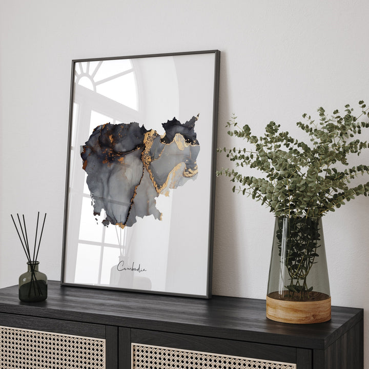 Cambodia Map Black & Gold Wall Art Print [EV]