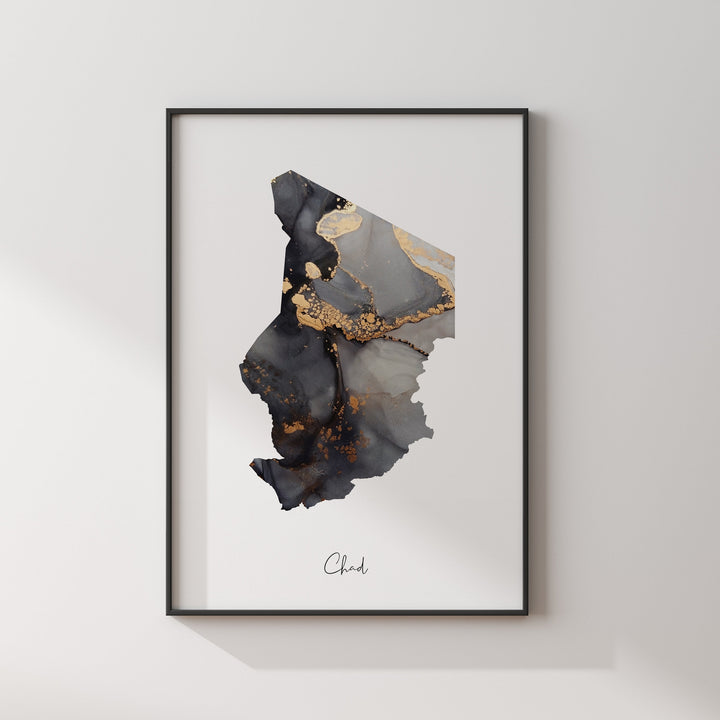 Chad Map Black & Gold Wall Art Print [EV]