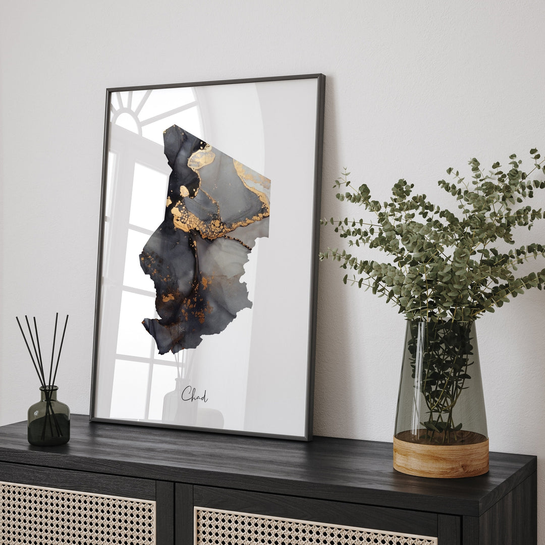 Chad Map Black & Gold Wall Art Print [EV]