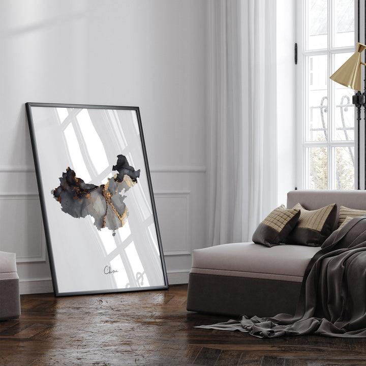 China Map Black & Gold Wall Art Print [EV]