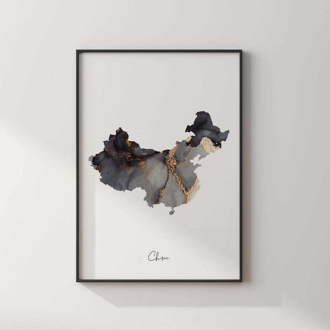 China Map Black & Gold Wall Art Print [EV]