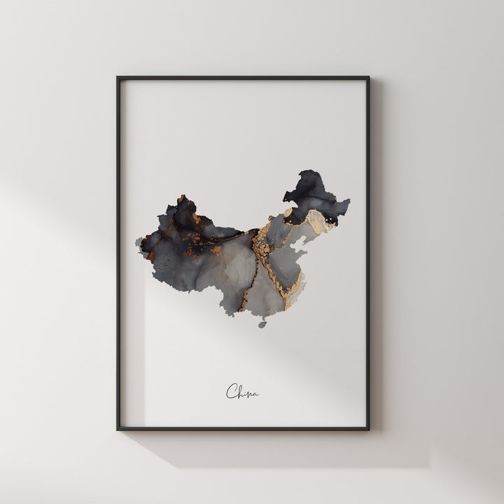 China Map Black & Gold Wall Art Print [EV]
