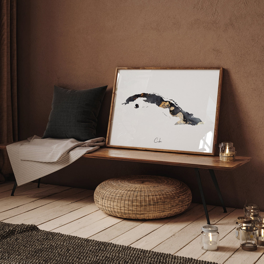 Cuba Map Black & Gold Wall Art Print [EV]