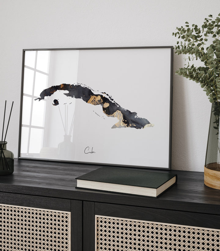 Cuba Map Black & Gold Wall Art Print [EV]