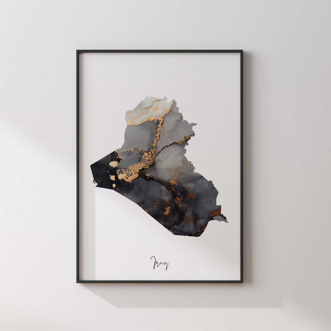 Iraq Map Black & Gold Wall Art Print [EV]