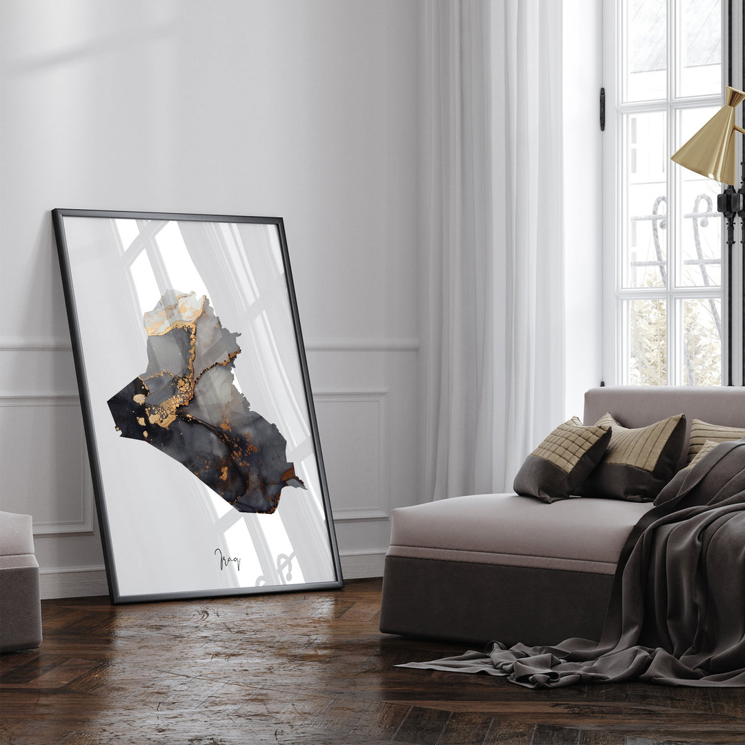 Iraq Map Black & Gold Wall Art Print [EV]