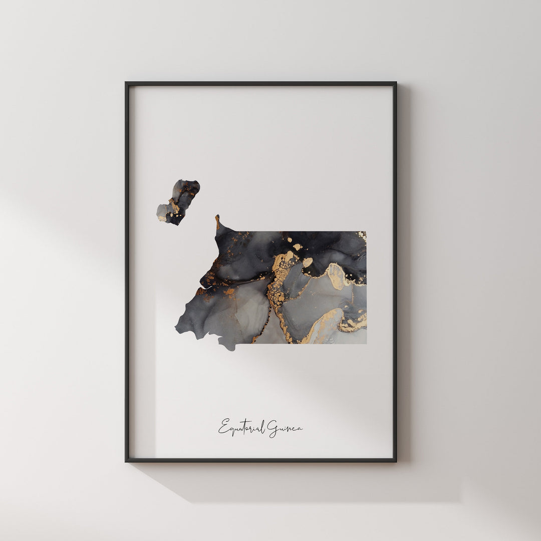 Equatorial Guinea Map Black & Gold Wall Art Print [EV]
