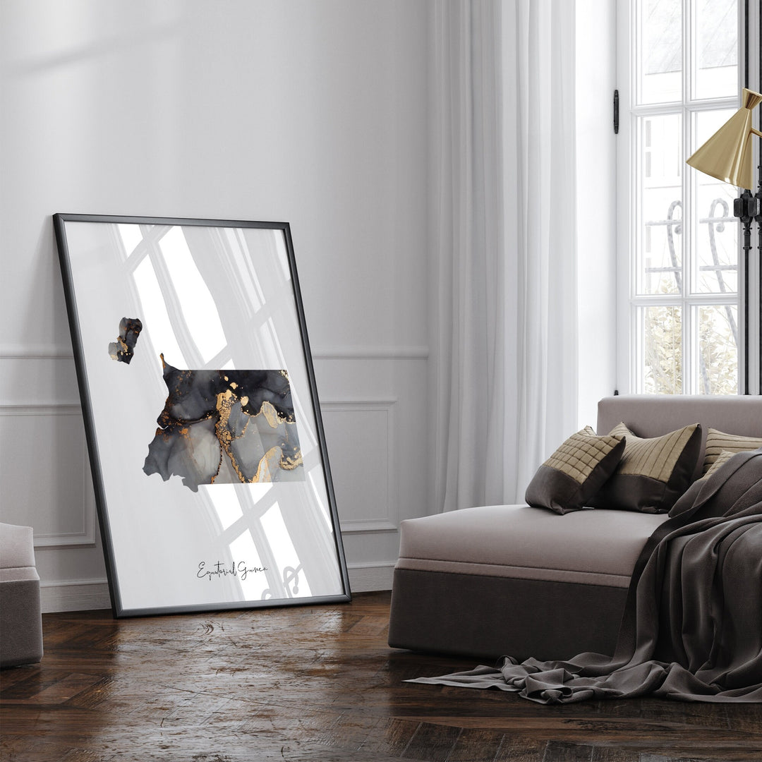 Equatorial Guinea Map Black & Gold Wall Art Print [EV]