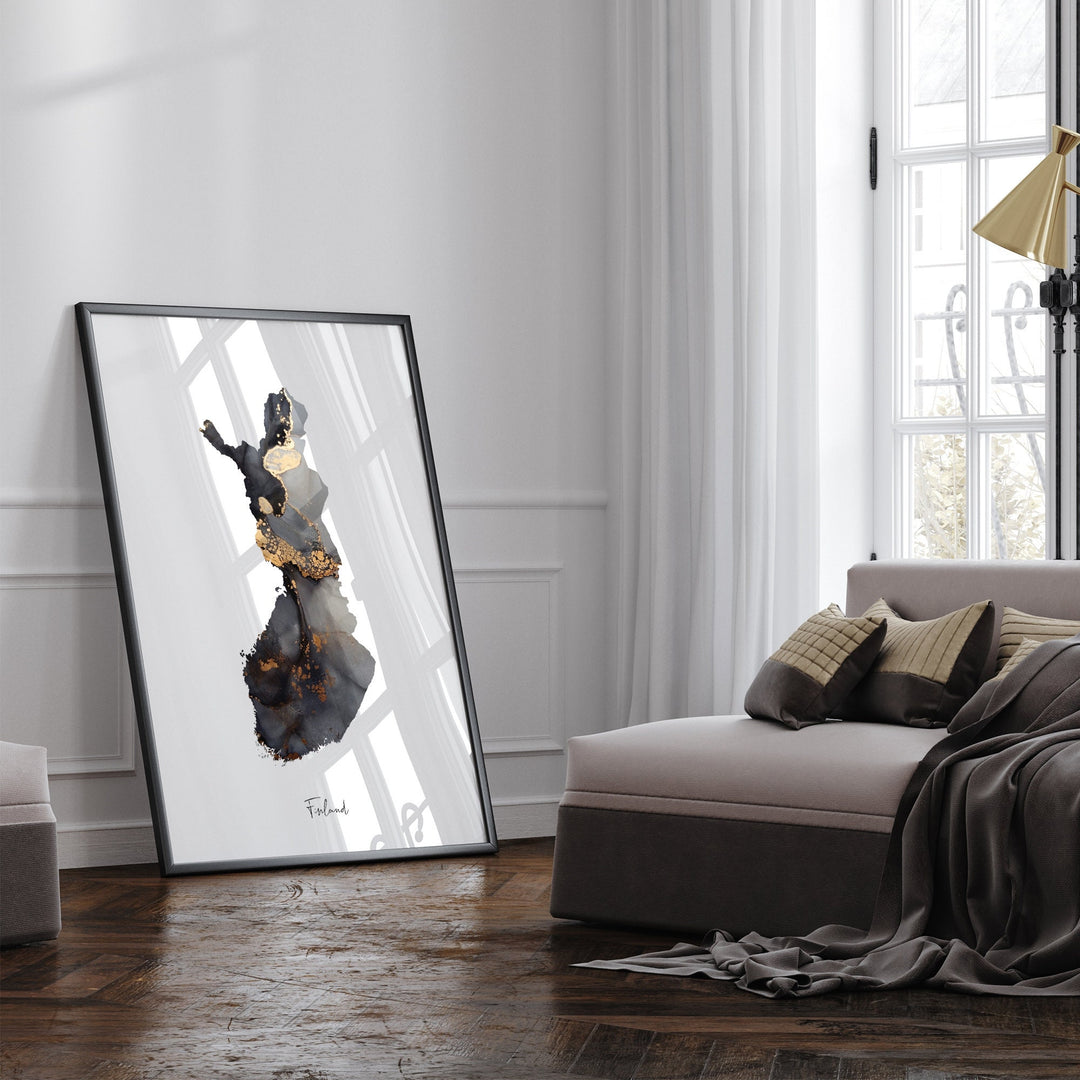 Finland Map Black & Gold Wall Art Print [EV]