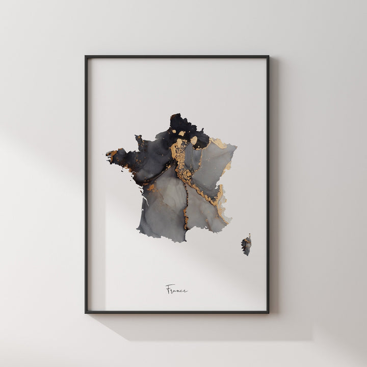 France Map Black & Gold Wall Art Print [EV]