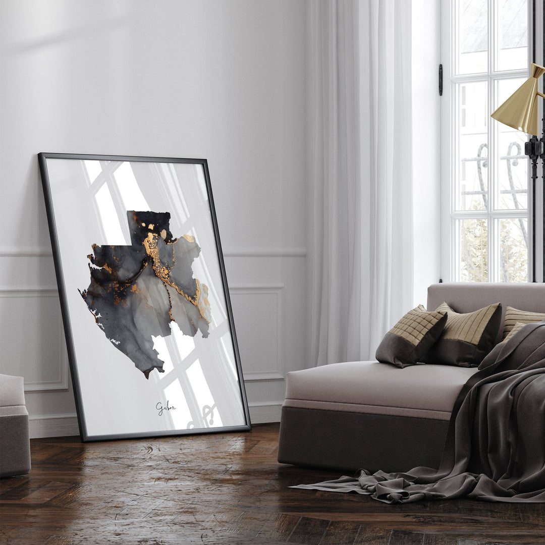 Gabon Map Black & Gold Wall Art Print [EV]