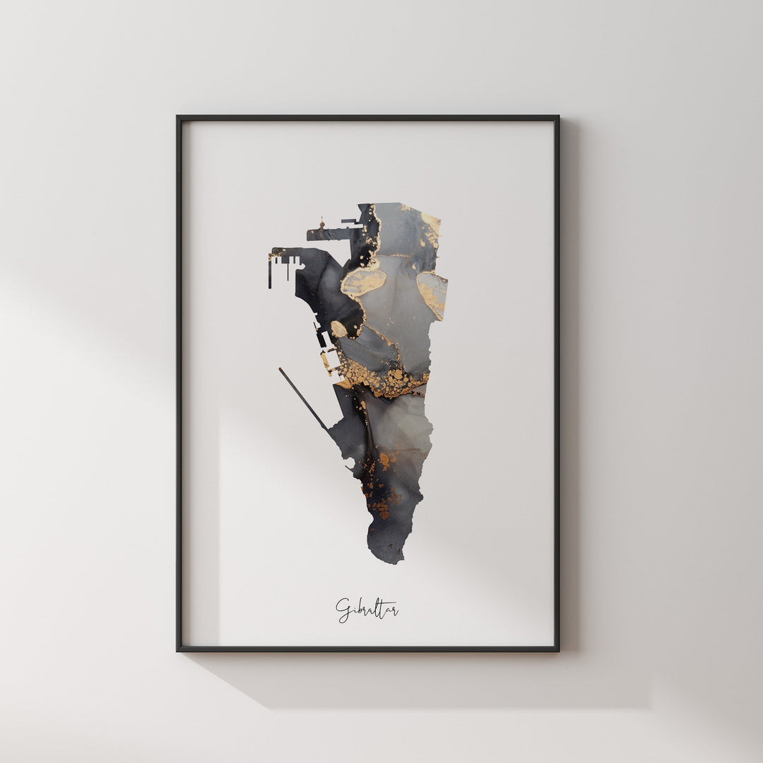 Gibraltar Map Black & Gold Wall Art Print [EV]