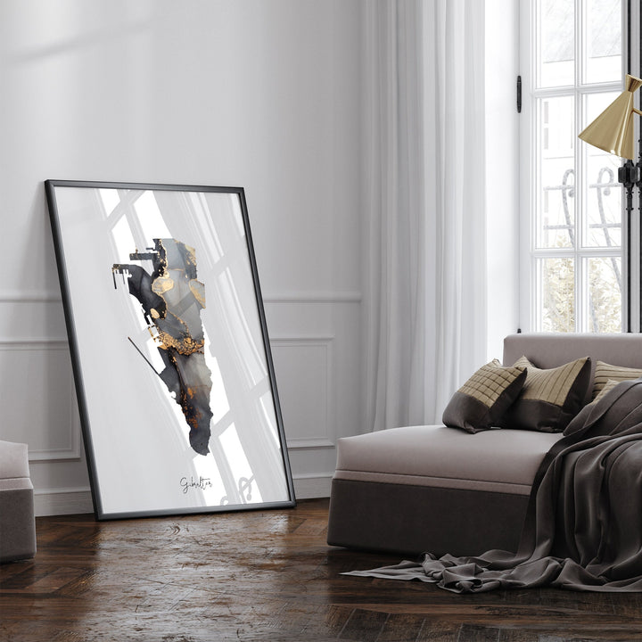 Gibraltar Map Black & Gold Wall Art Print [EV]