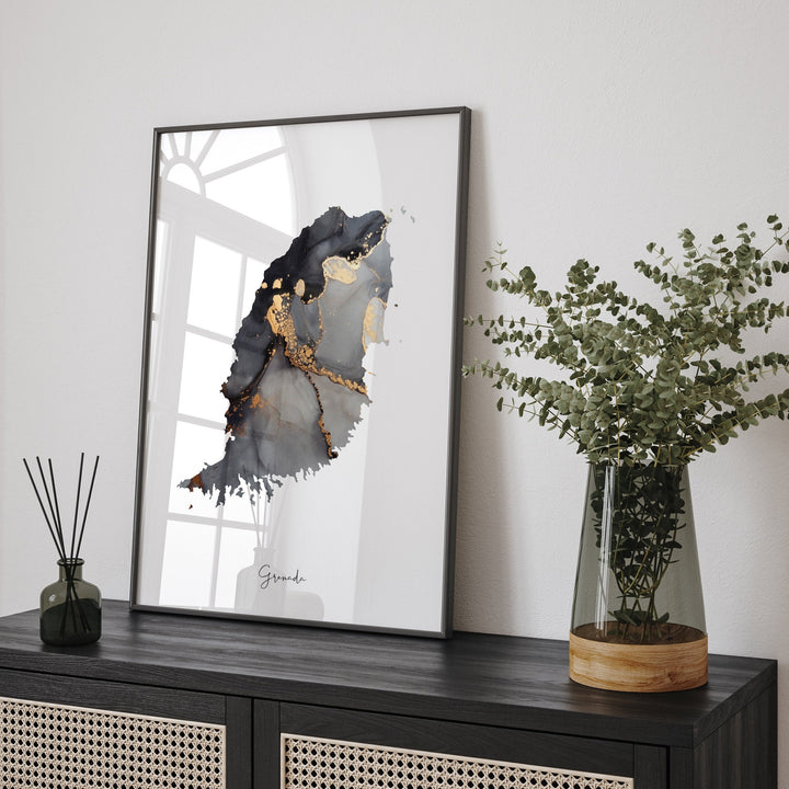 Grenada Map Black & Gold Wall Art Print [EV]