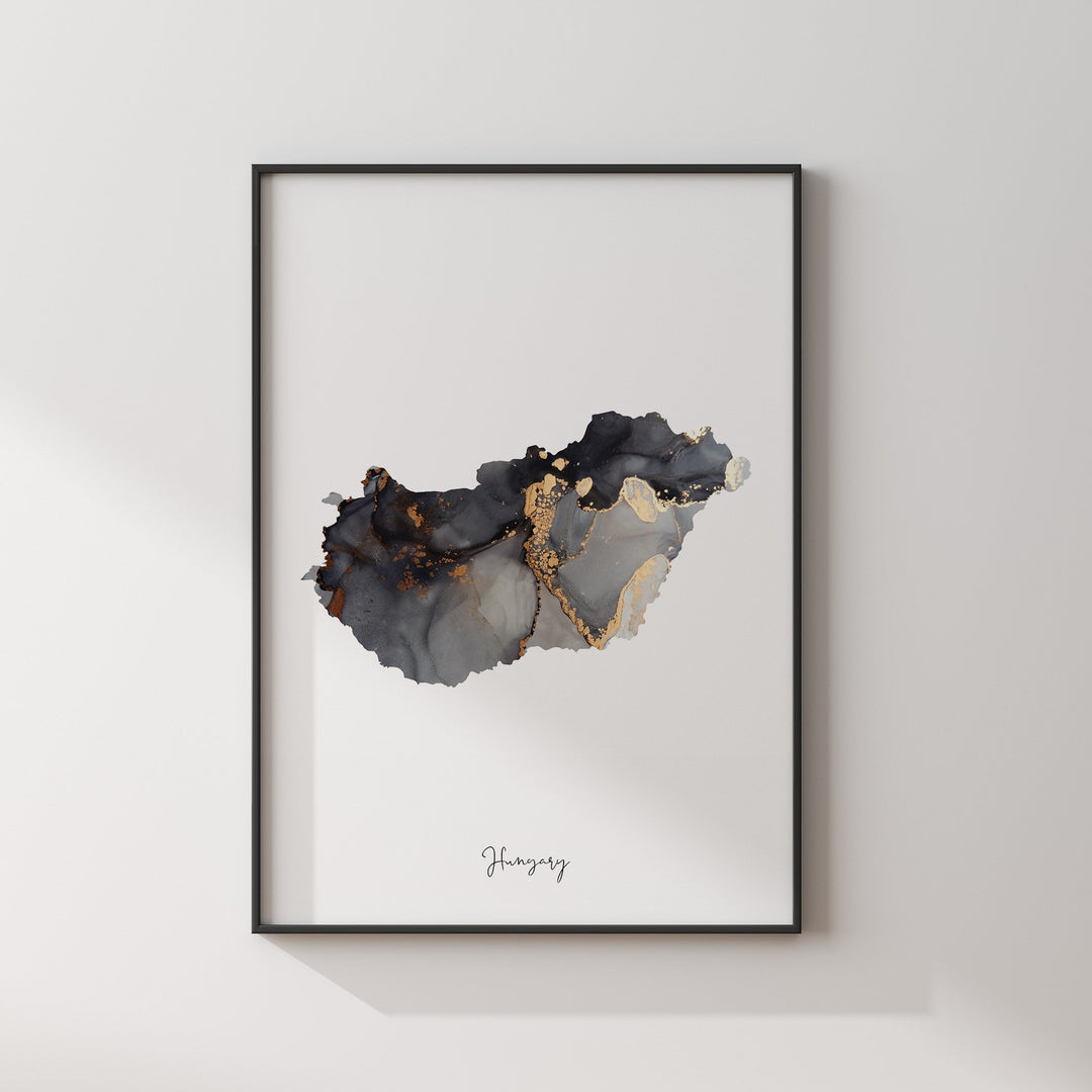 Hungary Map Black & Gold Wall Art Print [EV]