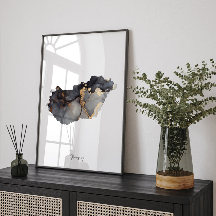 Hungary Map Black & Gold Wall Art Print [EV]