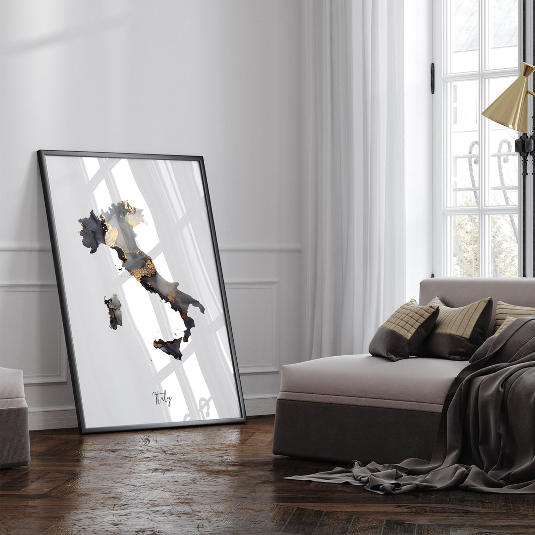 Italy Map Black & Gold Wall Art Print [EV]