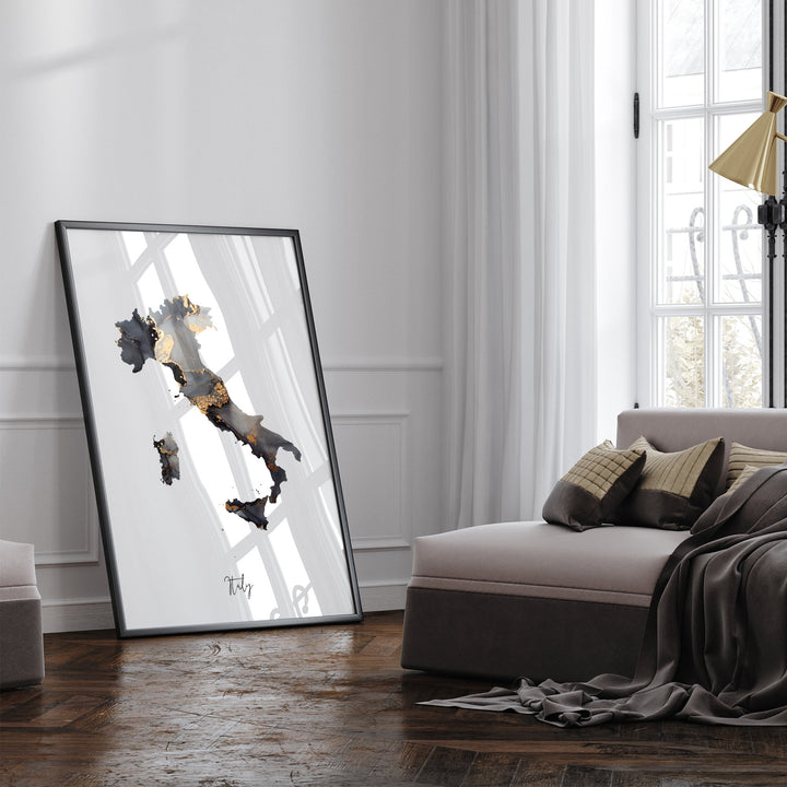 Italy Map Black & Gold Wall Art Print [EV]